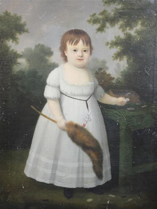 Early 19th century Portrait of a child, standing holding a foxtail, a silver rattle and dominos to hand 37 x 28in.